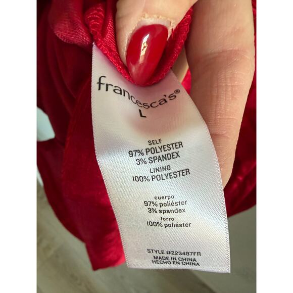 Francesca's Women's Large Red Lois Velvet Jacquard Short Puff Sleeve Mini Dress - Picture 7 of 7